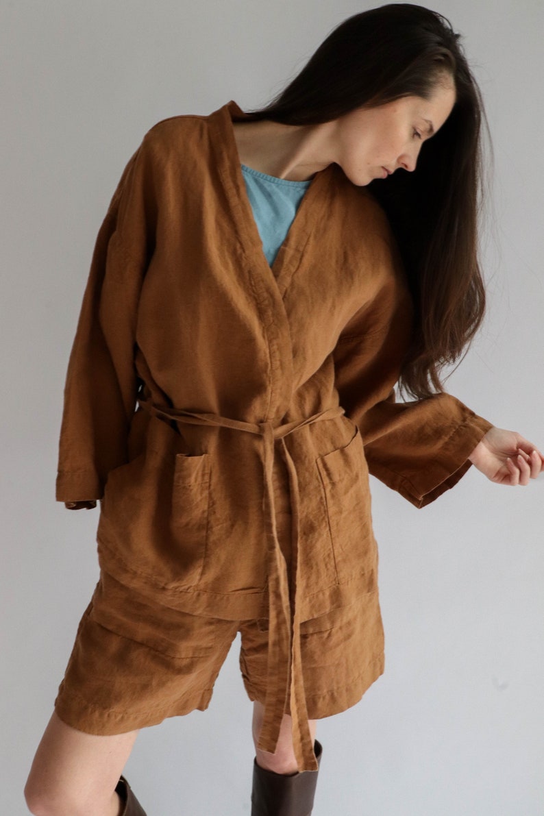 Long linen shirt LUISA. Linen jacket.Japanese inspired oversize kimono jacket, linen clothing for women image 8