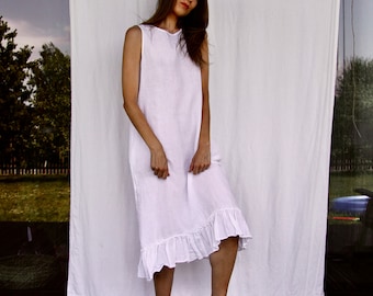 Linen midi sleevless dress, summer dress with ruffles.