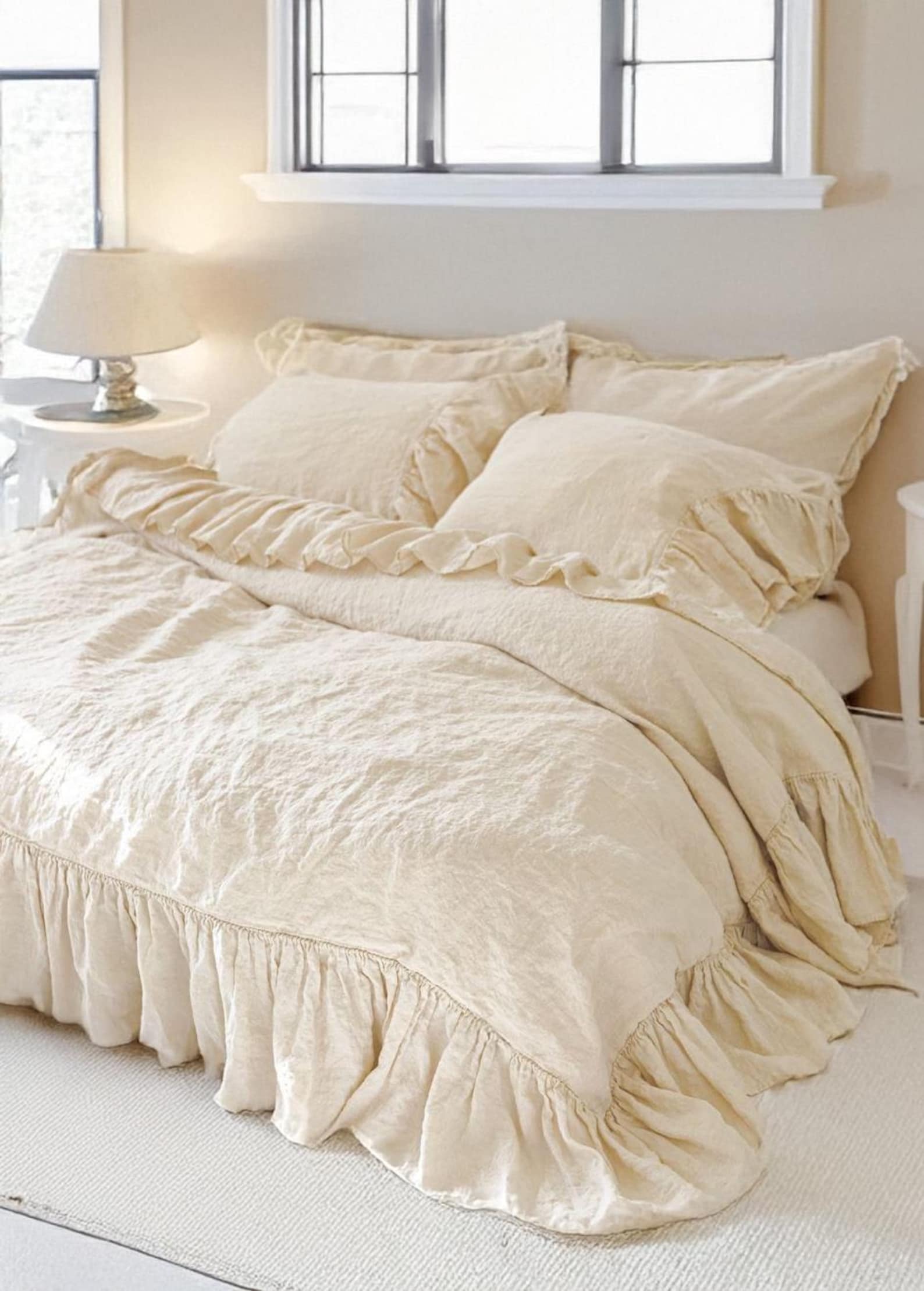 Shabby Chic Linen Ruffled Duvet Cover Set – French Linen Bedding with Extra Long Ruffles – Handmade Farmhouse Bedding - US Full / Double, cream