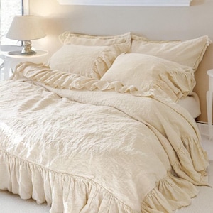 Shabby Chic Linen Ruffled Duvet Cover Set – French Linen Bedding with Extra Long Ruffles – Handmade Farmhouse Bedding
