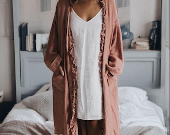 Linen Wrap Dress ISABELLE, Ruffle Midi Robe