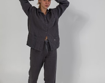Linen Pajama Set: Long Sleeve Shirt & Pants