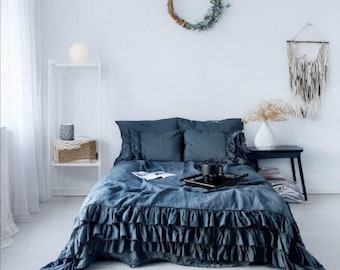 Linen Duvet Cover – Rustic Style with Triple Ruffle Trim on Three Sides