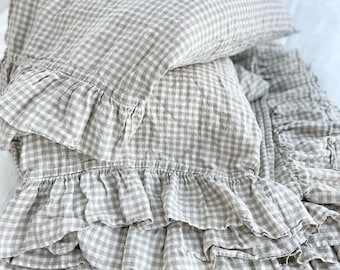 LINEN DUVET COVER . Linen bedding set . Shabby Chic linen ruffled duvet cover with ruffles. Softened and washed linen