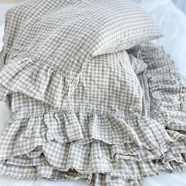 LINEN DUVET COVER . Linen bedding set . Shabby Chic linen ruffled duvet cover with ruffles. Softened and washed linen