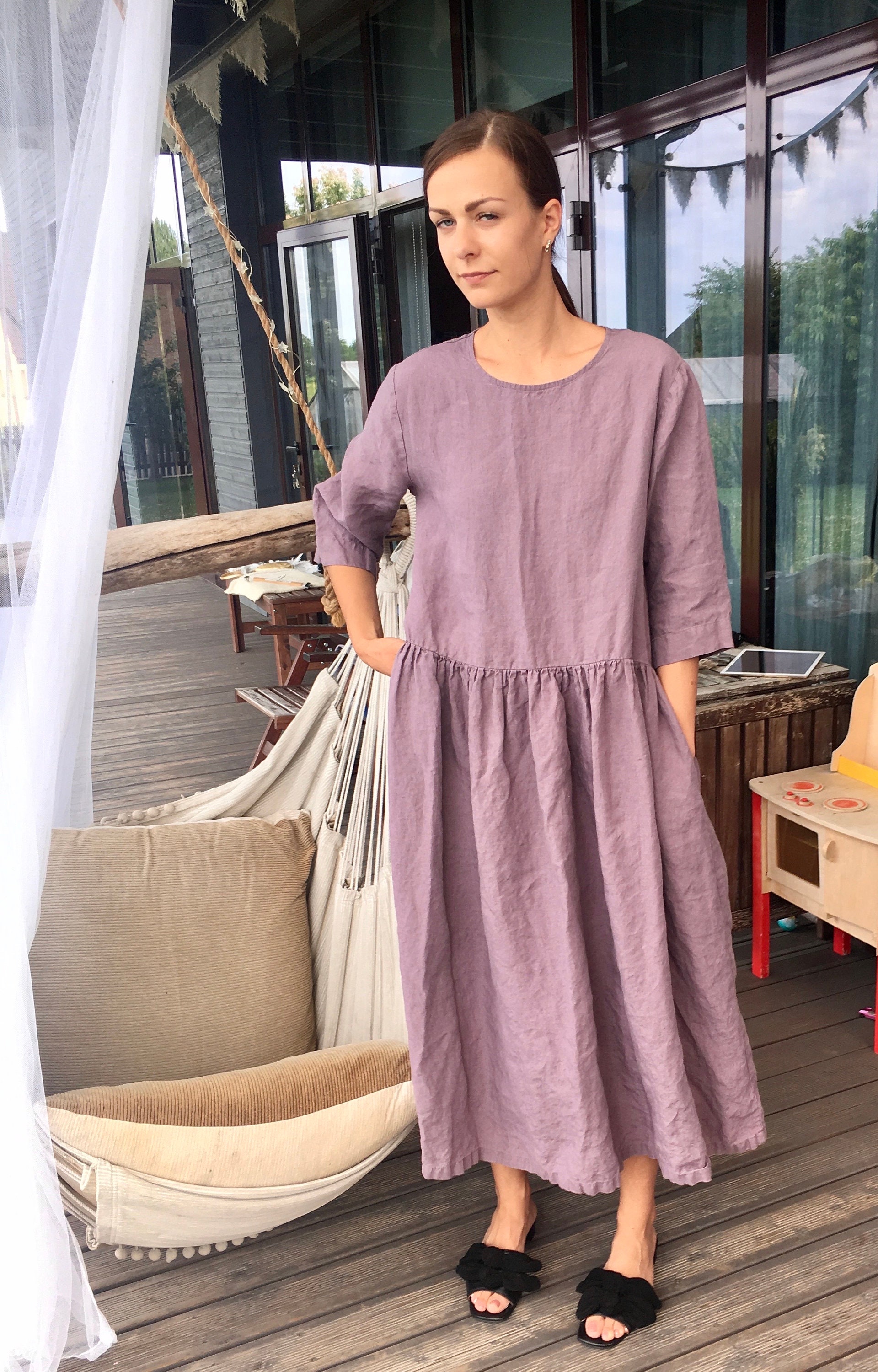 Linen Dress Amelia: Long Sleeve, Stone Washed French Linen Linen Dress Amelia: Long Sleeve, Stone Washed French Linen