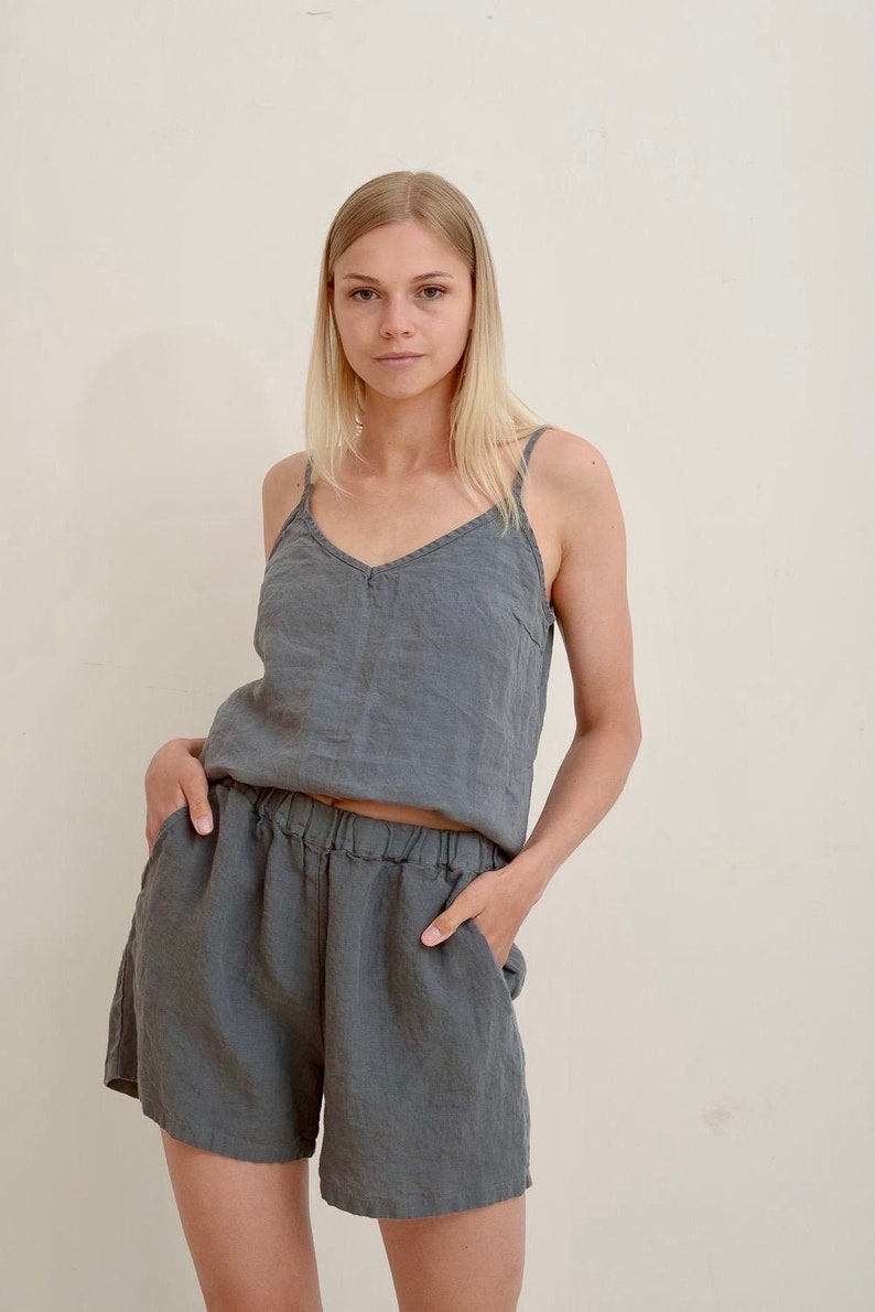 Linen pajama set GREY. Linen slip top and linen shorts. image 1