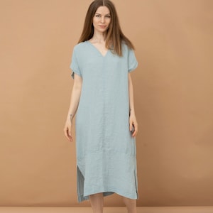 Linen V-neck dress with slits ROMA / Stone washed linen dress