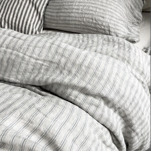 Linen duvet cover with pillowcases, blue pinstripes French bedding vintage style , exclusive