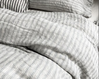Linen duvet cover with pillowcases, blue pinstripes French bedding vintage style , exclusive