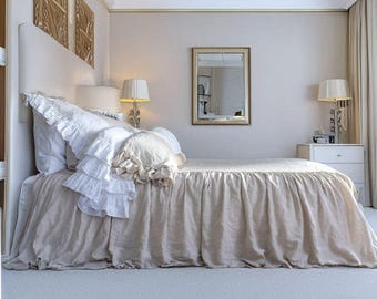 Linen Coverlet with Dust Ruffle – Softened, Ruffled Bedspread with Customizable Drop Length