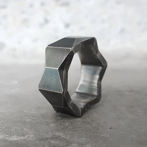 Cyber Ring, Cyberpunk Heavy Faceted Silver Band, Large oxidized 11 mm mans ring, Huge tough ring, Bold mans band, Brutal Truck Driver ring