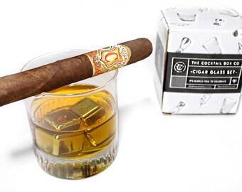 The Cocktail Box Co. Cigar Glass Set - Old Fashioned Whiskey Glass with Cigar Rest | 2 Stainless Steel Whiskey Stones & Velvet Carry Bag