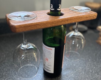 Oak wine bottle and glass display