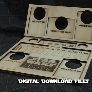 May include: A wooden game board for Star Wars: Legion, featuring a round tracker for rounds 1-12, objective markers, and spaces for advantage tokens. The board is made of light brown wood and has a Star Wars: Legion logo.