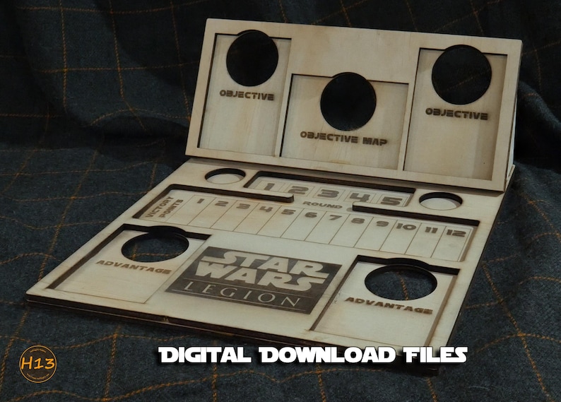 May include: A wooden game board for Star Wars: Legion, featuring a round tracker for rounds 1-12, objective markers, and spaces for advantage tokens. The board is made of light brown wood and has a Star Wars: Legion logo.