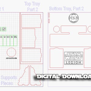 May include: A digital download file for a Star Wars Legion game organiser. The file includes plans for a tray with compartments for cards, tokens, and dice. The tray is labelled "Bottom Tray, Part 1" and "Bottom Tray, Part 2". There are also plans for a top tray with compartments for cards and tokens. The top tray is labelled "Top Tray, Part 1" and "Top Tray, Part 2". The file also includes plans for two top supports.