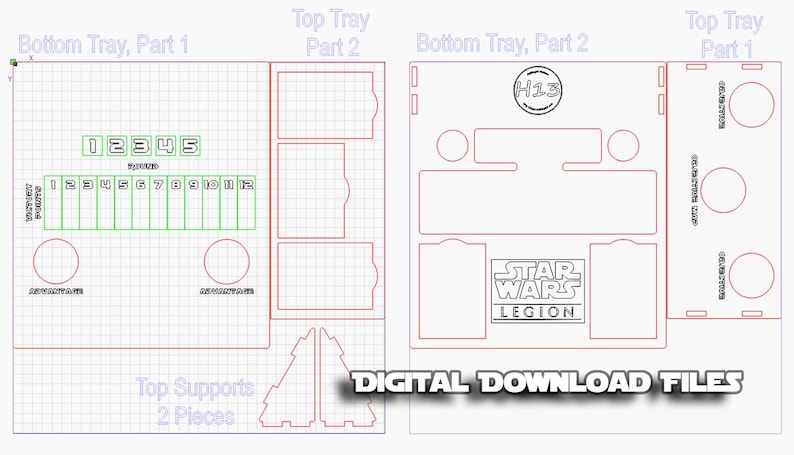 May include: A digital download file for a Star Wars Legion game organiser. The file includes plans for a tray with compartments for cards, tokens, and dice. The tray is labelled "Bottom Tray, Part 1" and "Bottom Tray, Part 2". There are also plans for a top tray with compartments for cards and tokens. The top tray is labelled "Top Tray, Part 1" and "Top Tray, Part 2". The file also includes plans for two top supports.
