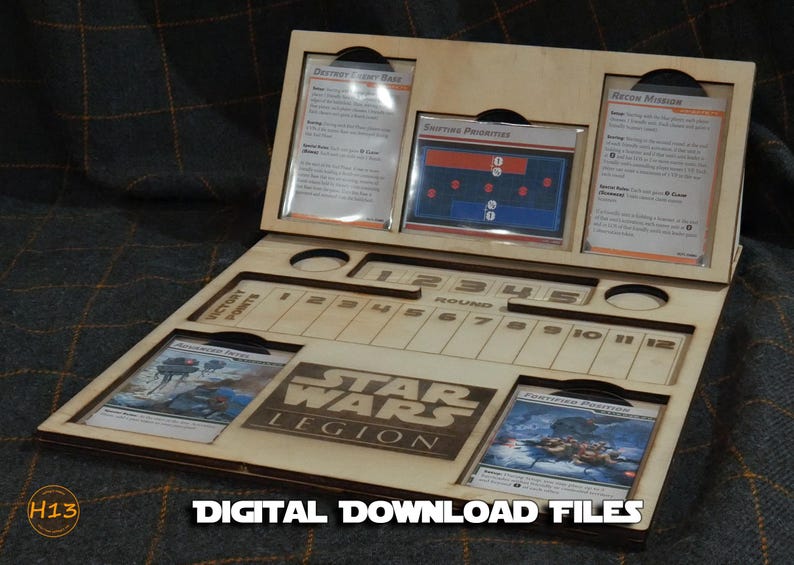 May include: A wooden game board for Star Wars Legion, featuring a round tracker, a victory points tracker, and spaces for cards. The board is made of light wood and has a natural finish. The board is designed to hold cards and tokens for the game.