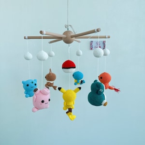 Baby Mobile Pokemon mini Pikachu, Chikorita, crochet Pokemon mobile, Charmander, Manaphy, nursery decoration, crochet mobile, gift for her image 5