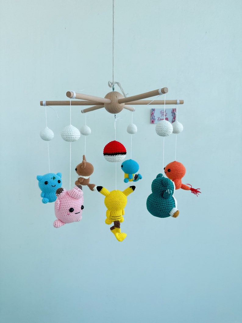 Baby Mobile Pokemon mini Pikachu, Chikorita, crochet Pokemon mobile, Charmander, Manaphy, nursery decoration, crochet mobile, gift for her image 5
