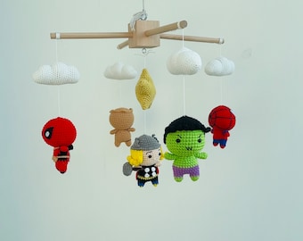 Crochet Baby Superhero mobile phone|Mobile baby hero, Mobile baby cradle|Mobile nursery, gift from dad