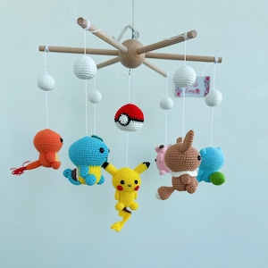 Baby Mobile Pokemon mini Pikachu, Chikorita, crochet Pokemon mobile, Charmander, Manaphy, nursery decoration, crochet mobile, gift for her