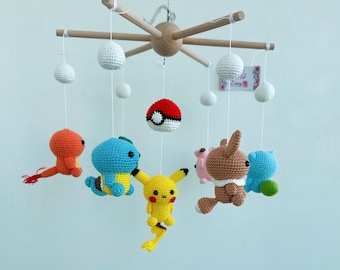 Baby Mobile Pokemon mini Pikachu, Chikorita, crochet Pokemon mobile, Charmander, Manaphy, nursery decoration, crochet mobile, gift for her
