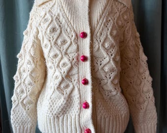 Upcycled Cable Knit Sweater Cream | Vintage Wooden Buttons | Cozy Cottagecore Cardigan | One of a Kind Knit