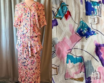 1980’s Silk Datiana Art Pattern Peplum Dress