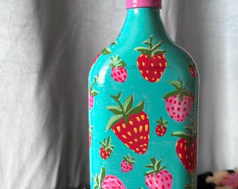 Hand-Painted Strawberry Bottle Vase – Upcycled Vintage Glass with Bright Summer Fruit Design
