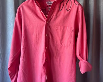 Hand-Embroidered Coral Button-Up | Upcycled Van Heusen Men’s Classic Fit Shirt | One-of-a-Kind Floral Stitch Design