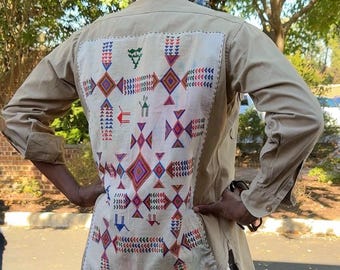 Upcycled Vintage Khaki Work Shirt with Hand-Stitched Textile Panel | One-of-a-Kind Folk Art Embroidery