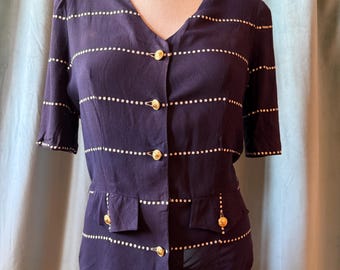 Vintage Navy Blue Silk Buttonup Mended with Secondhand Ralph Lauren Buttons