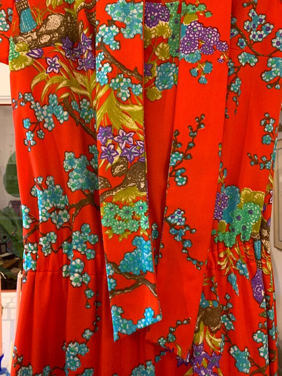 Vintage Cherry Red Floral Maxi Dress with Belt Tie - image 2