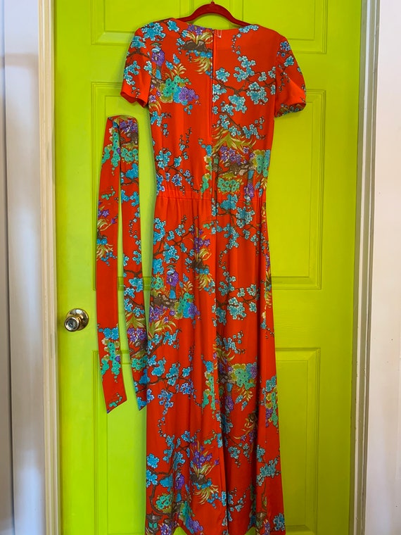 Vintage Cherry Red Floral Maxi Dress with Belt Tie - image 5