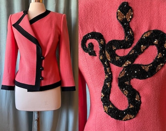 Vintage 1980’s Salmon Pink Blazer with Upcycled Appliqué Sequined Black and Gold Snake Back
