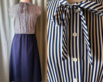 1970’s Striped Top and Linen Bottom Navy Blue and White Stiped Dreas