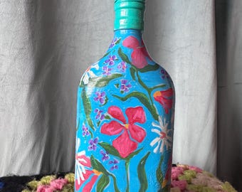 Hand-Painted Wildflower Bottle Vase – Upcycled Blue Glass with Colorful Botanical Art