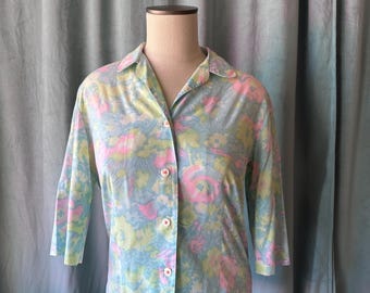 Vintage Pastel Floral Blouse – 60s Button-Up Shirt, Lightweight Festival Top, Boho Cottagecore Style