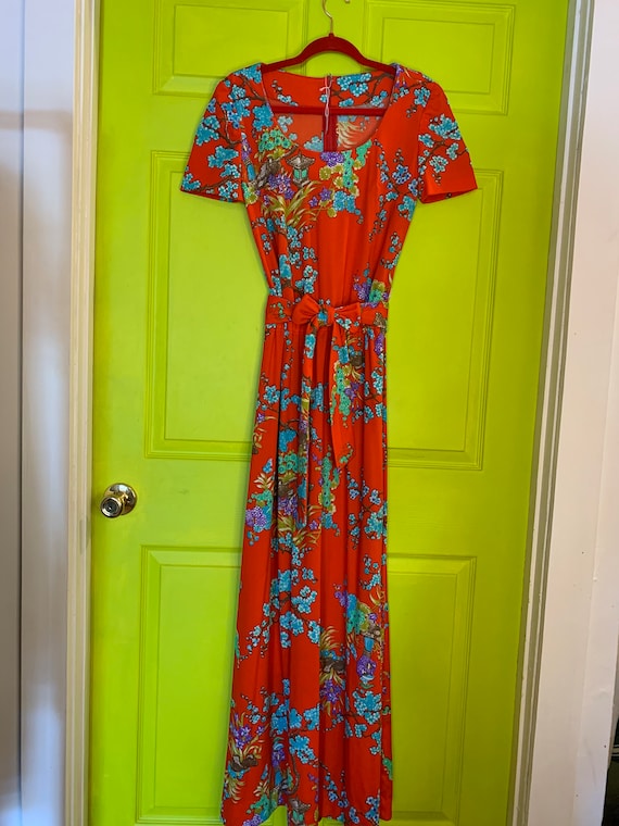 Vintage Cherry Red Floral Maxi Dress with Belt Tie - image 3