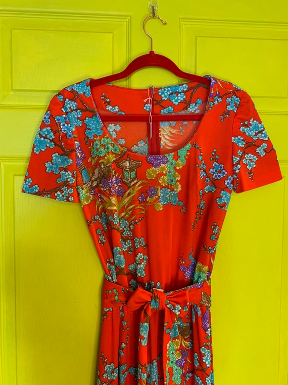 Vintage Cherry Red Floral Maxi Dress with Belt Tie - image 4