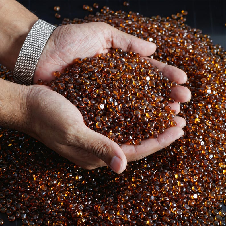 May include: A close-up shot of a pile of small, amber-colored glass beads. The beads are held in cupped hands, with a silver mesh bracelet visible on the wrist. The beads are smooth and reflective, creating a warm, inviting aesthetic.