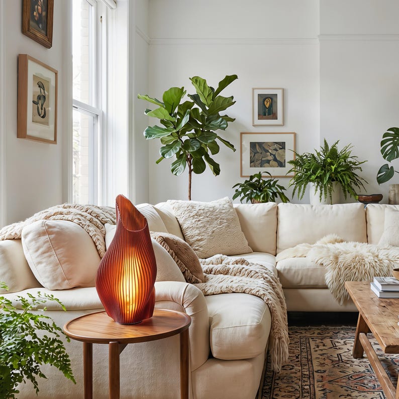 May include: A modern living room with a cream-colored sectional sofa, wooden side table, and a decorative amber-colored lamp. The lamp has a unique, curved design. The room is decorated with plants and framed artwork, creating a cozy and inviting atmosphere.