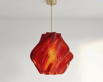 Crimson Red Spiral Wave Designer Pendant Light with Brass Ceiling Cable Kit – Sculptural  Ceiling Light.