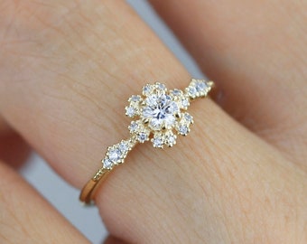 Diamant Verlobungsring, runder Verlobungsring, Diamant Alternative Ring, Halo-Verlobungsring, Naturring | R 341BT