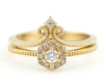 engagement ring set, Hexagonal wedding ring set, stacking ring, diamond engagement ring set, minimalist ring set