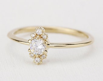 Diamond engagement ring gold, round cluster ring, 6 prong diamond ring, 7 stone diamond ring, minimalist engagement ring