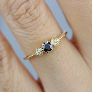 engagement ring black diamond, diamond engagement ring,  art deco engagement ring, dainty ring, vintage diamond engagement ring