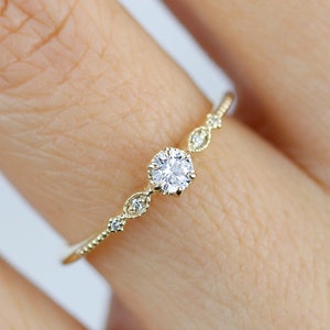 18k Gold Diamond Engagement Ring: Three Stone Delicate Band